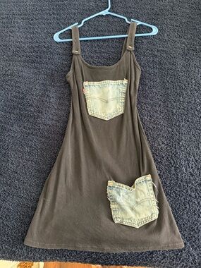 Vintage Women’s Black Mini Dress with Denim Pocket Accents